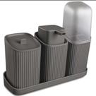 Kit Banheiro 3 Pecas Com Bandeja Dispenser Porta Algodão Porta Escovas E Porta Sabonete Liquido De 400 Ml Decoração
