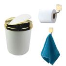 Kit Banheiro 3 Peças Lixeira Suporte Papel Higiênico Gancho Toalha Dourado - Future