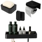 Kit Banheiro 4pç Saboneteira + Papeleira + Porta Shampoo + Gancho Com Adesivo Preto - Eleve Ou Kit Banheiro 4pç Saboneteira + Papeleira + Porta Shampoo + Gancho Com Adesivo Preto - Eleve Ou