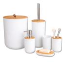 Kit Banheiro 6 Peças Branco c/ Bambu Luxo Porta Escova Dispenser Lixeira Suporte Sabonete Acessórios Kit Banheiro 6 Peças Branco c/ Bambu Luxo Porta Escova Dispenser Lixeira Suporte Sabonete Acessórios