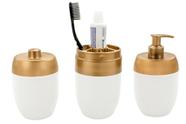 Kit Banheiro Acessórios Lavabo Branco Dourado 3 Peças Forma Dispenser Sabonete Líquido Porta Escovas Cotonote Hastes Algodão