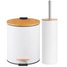 Kit Banheiro Branco E Bambu Lixeira 5 Litros Pedal Escova Sanitária Com Tampa Moderno