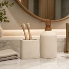 Kit Banheiro Cerâmica Dispenser Porta Escovas Bege C/Madeira