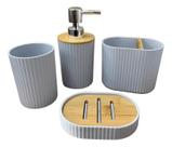 Kit Banheiro Cerâmica Saboneteira Porta Escova Bambu 3 Peças Conjunto Organização Decoração Lavabo