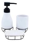 Kit Banheiro Cerâmica Saboneteira Porta Escova Branco Aramado 3 Peças Conjunto Organização Decoração Lavabo