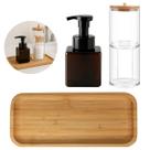 Kit Banheiro Completo com Bandeja Bambu e Dispenser Marrom Elegante Kit Banheiro Completo com Bandeja Bambu e Dispenser Marrom Elegante