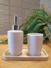 Kit Banheiro Lavabo 2 Peças + Bandeja de Bambu Sabonete Líquido Suporte p/Escovas Em Cerâmica Luxo