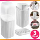Kit Banheiro Lavabo 3 peças Sabonete Líquido, Porta Escova dente, Cotonete Algodão Frisos