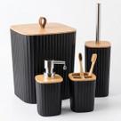 Kit Banheiro Lavabo 4 Peças Preto Fosco e Bambu Organizador Luxo Porta Sabonete Escova