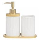 Kit Banheiro Lavabo Bandeja Bambu Dispenser Líquido Escova