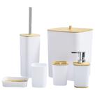 Kit Banheiro Lavabo Escova Lixeira 6 Peças Tampa Bambú