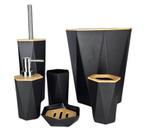 Kit Banheiro Lixeiro Saboneteira Dispenser Porta Escova de Dente e Sanitário preto com Bambu