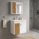 Kit Banheiro Lucca Gabinete com Cuba e Armário Espelheira MDF Branco Ripado