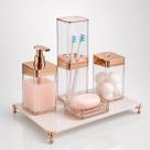 Kit Banheiro Luxuoso Gold 3 Peças: Dispenser, Porta Escova e Algodão Premium