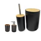 Kit Banheiro Moderno Conjunto com Lixeira Porta Escova de Dente Dispenser Escova Sanitária Bambu