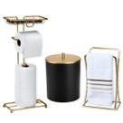 Kit Banheiro Porta Papel Lixeira Preta com Tampa Dourada e Porta Toalha Acessórios Lavabo Kit Banheiro Porta Papel Lixeira Preta com Tampa Dourada e Porta Toalha Acessórios Lavabo