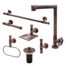 Kit Banheiro Torneira Bancada e Acessórios Papeleira + Porta Toalha Argola + Cabide + Barra Reta + Saboneteira + Válvula Pia Cobre Velho Metal