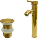 Kit Banheiro Torneira Dourada Monocomando Agua Quente Fria Bica Alta e Válvula click 1 ¼ Aço Inox Ralo de Escoamento 40mm Pia Cuba Gold Luxo Brilhoso