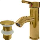 Kit Banheiro Torneira Dourada Monocomando Agua Quente Fria Bica Baixa e Válvula click 1 ¼ Aço Inox Ralo de Escoamento 40mm Pia Cuba Gold Luxo Brilhoso