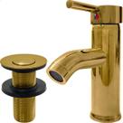 Kit Banheiro Torneira Dourada Monocomando Agua Quente Fria Bica Baixa e Válvula click ⅞ Aço Inox Ralo de Escoamento 30mm Pia Cuba Gold Luxo Brilhoso