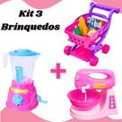 Kit Batedeira + Liquidificador + Carrinho Super Mercado Infantil Menina Faz de Conta Cozinha