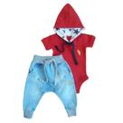 Kit Bebê 2 Peças Sendo 1 Body Suedine com Capuz e 1 Calça Jeans Kit Bebê 2 Peças Sendo 1 Body Suedine com Capuz e 1 Calça Jeans