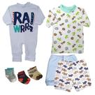 Kit Bebê 7 Peças Macacão Camiseta Short Suedine e Meias Bebê