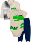 Kit Bebê Body Manga Curta, Calça Mijão E Casaco Infantil 3 Peças Suedine Dino - Dapeen