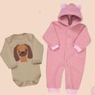 Kit Bebê Macacão Pelúcia Teddy e Body Manga Longa Bichinhos