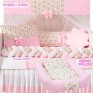 Kit Berço Completo 15 Peças Floral Rosa com Ninho Redutor Pronto Para Uso