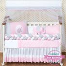 Kit Berço Completo Protetor Americano Elefante Rosa Menina 12 peças com Saia e Travesseiro