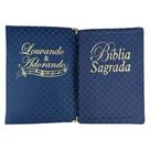 Kit Biblia Nvi + Pasta de louvor Azul xadrez material sintético