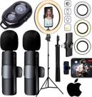 Kit Blogueiro Tripé Profissional Gravação Microfone Lapela Duplo Sem Fio iPhone + Luz Iluminador Led Filmagem No Celular