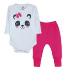 Kit Body Manga Longa Botão e Culote Bebê Menina Panda C/Laço