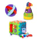 Kit Bola Maluquinha com Chocalho para Bebê, mais Tucano de Empilhar e Cubo Didático Pequeno