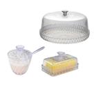Kit Boleira Porta Bolo Manteigueira Açucareiro Acrílico Mesa Posta Glamour Tampa Transparente 3 Pçs