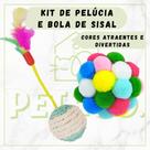 Kit Bolinha Sisal com Pena e Bolinha de Pelúcia com Chocalho para Gatos