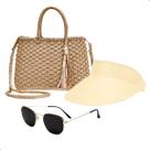 Kit Bolsa de Palha Feminina + Viseira Solar e Óculos de Sol Verão Moda Praia Piscina
