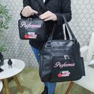 Kit Bolsa e Estojo Box Preto Brilho Personalizado Professora Levar Material Coutre Bolsas