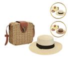 Kit Bolsa Feminina Baú Blogueira de Palha e Chapéu Paris Celulose Boater Palheta Tiracolo Alça Ombro