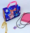 Kit Bolsa Infantil Menina Mini Bag Bolsinha Alça Mão Pérola Stitch e Lilo Angel + Colar Duplo Amizade Best Friends