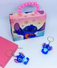 Kit Bolsa Infantil Meninas Bolsinha Mini Bag Disney Lilo Stitch Alça Pérolas + Chaveiro Boneco Miniatura Stitch 3D azul