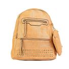 Kit Bolsa Mochila Couro Feminina Alto Relevo Detalhes Metálicos Apricot + Porta Níquel Removível