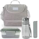 Kit Bolsa Térmica Lancheira Marmita 2 Divisórias Garrafa Squeeze Água e Porta Talheres Garfo Colher