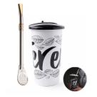 Kit Bomba Chimarrão 23cm Aço Niquelado Anel Cuia + Copo Plástico Tererê Tampa 450ml Branco - Taumer Kit Bomba Chimarrão 23cm Aço Niquelado Anel Cuia + Copo Plástico Tererê Tampa 450ml Branco - Taumer