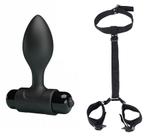 kit bondage algema punho e pescoço + plug anal com vibrador intenso bdsm