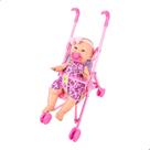 Kit Boneca Bebe Titi Articulavel Com Vestido Chupeta Laçinho 34cm + Carrinho Dobravel 52cm