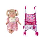 Kit Boneca Faz Xixi de Verdade Fralda Mamadeira + Carrinho