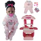 KIT Boneca Negra Bebê Mamãe Reborn 45cm + Mini Cozinha