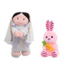 Kit Boneco Jesus de Pano Antialérgico Religioso + Coelho de Pelúcia Branco Especial Páscoa Presente Infantil Decorativo